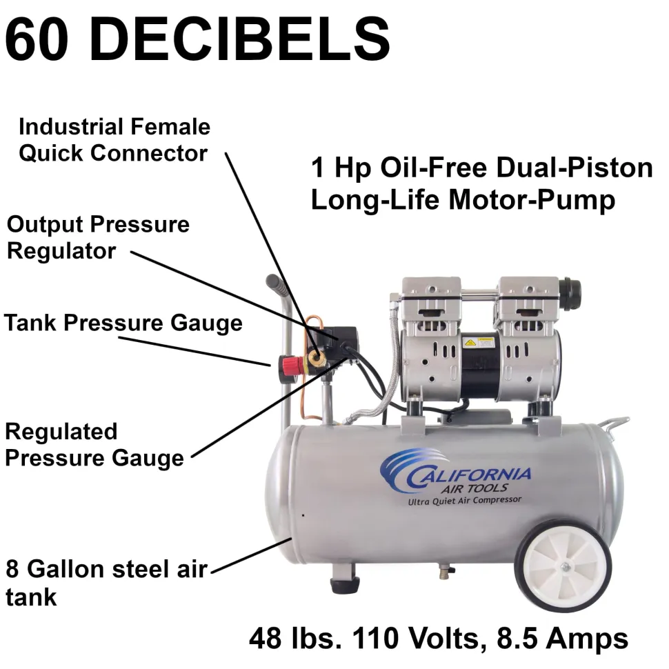 8010 Ultra Quiet and Oil-Free 1.0 HP, 8 Gal. Steel Tank Air Compressor